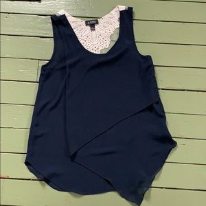 blue shear material top with lace back